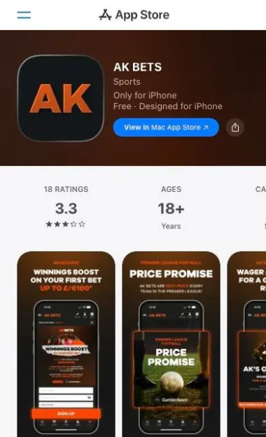 AK Bets listing on the App Store with a 3.3 rating and 18+ age label