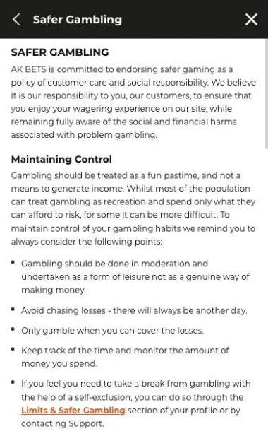 AK Bets safer gambling page on limits, time-outs and self-exclusion